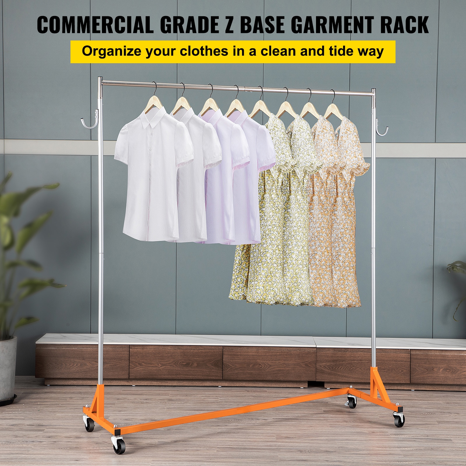 Z-base Clothing Rack With Lockable Casters, Industrial Steel Z Rack_voghion.com